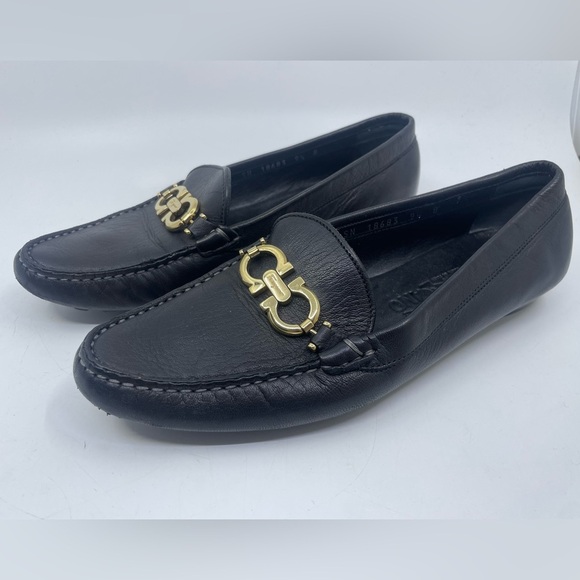 Salvatore Ferragamo Black Loafers with Gold Accent - Picture 1 of 13